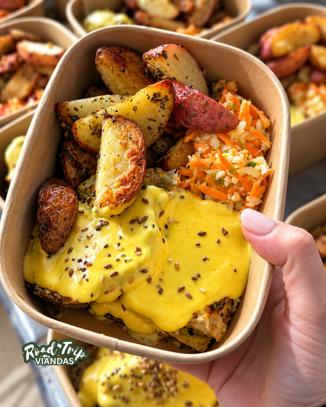 Vianda de pollo con salsa de mostaza, papines y ensalada